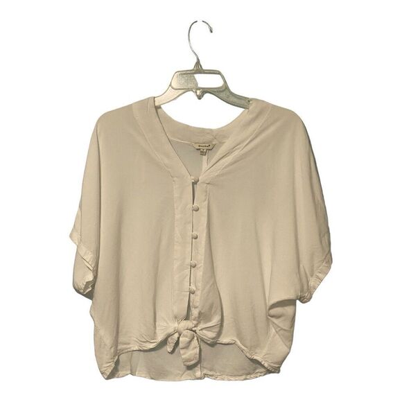 Sim & Sam Women's Sz S Short Sleeve White Tie Knot Button Up V Neck Blouse Top - Picture 1 of 9